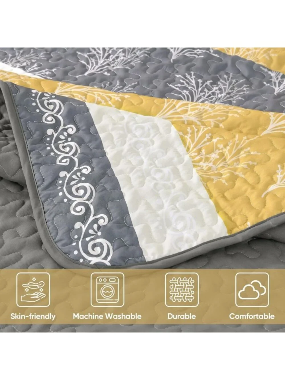 Boho Lightweight King Quilt Set, Striped Branch Bedspread, Yellow Bedding Decor